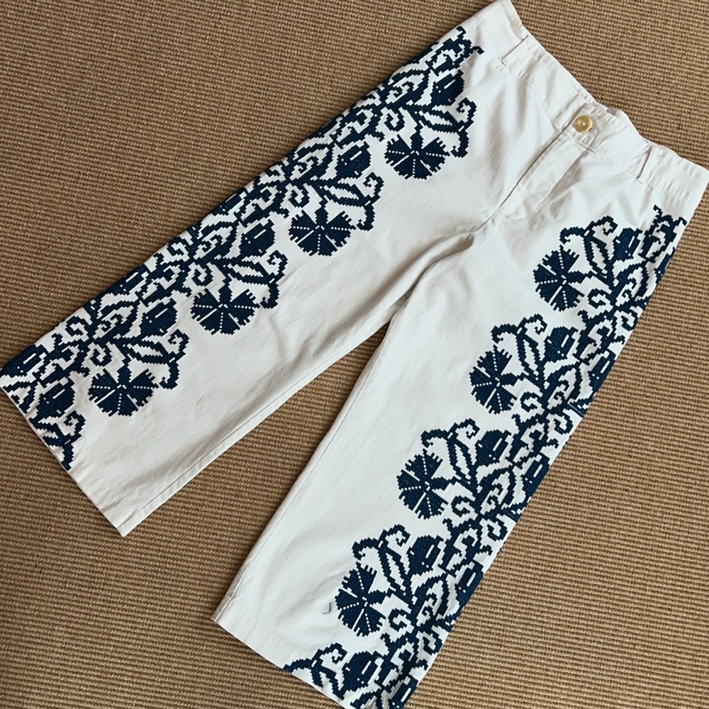 Anthropologie Becky Wide Leg Cropped Embroidered White Pants